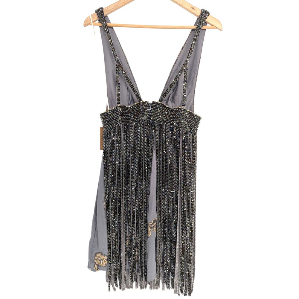 Mandalay Gunmetal Beaded Fringe Cocktail Dress Size 8 - Picture 3 of 6